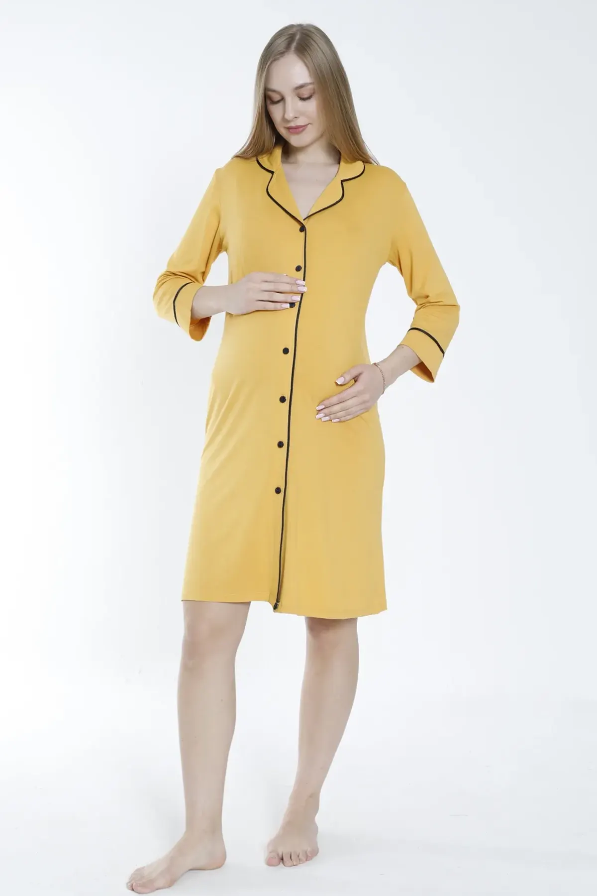 Shirt Collar Maternity & Nursing Nightgown Mustard - 2633