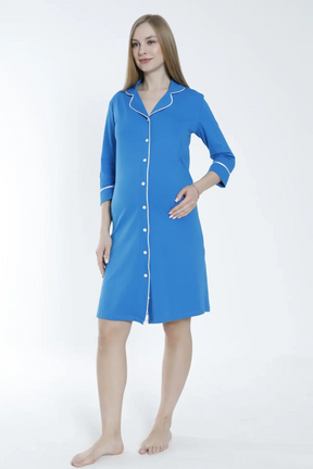 Shirt Collar Maternity & Nursing Nightgown Blue - 2633