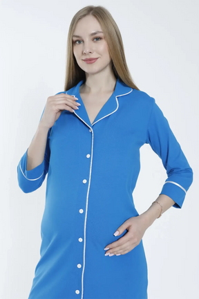 Shirt Collar Maternity & Nursing Nightgown Blue - 2633