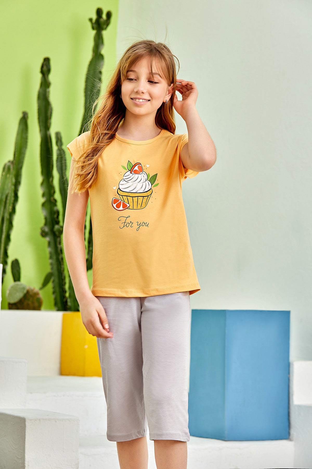 Cupcake Themed Girls Kids Capri Pajamas Orange (9-16 Years) - 271