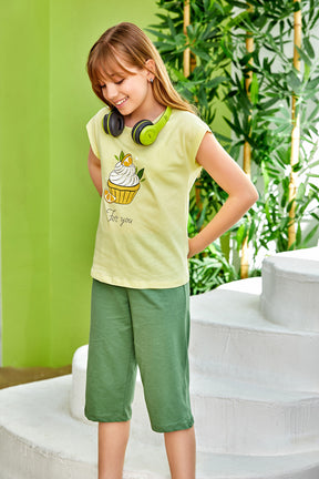 Cupcake Themed Girls Kids Capri Pajamas Green (9-16 Years) - 271