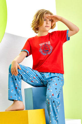 Cruise Themed Boys Kids Pajamas Red (9-16 Years) - 276