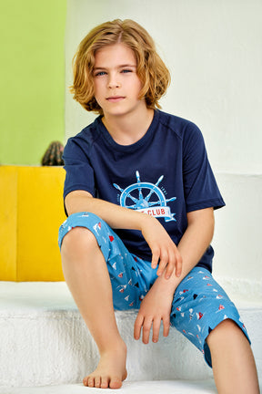 Rudder Themed Boys Kids Capri Pajamas Navy Blue (9-16 Years) - 277