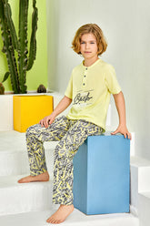 Back Themed Boys Kids Pajamas Yellow (9-16 Years) - 278