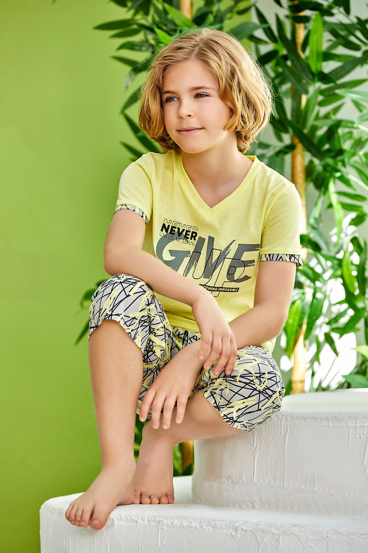 Give Themed Boys Kids Capri Pajamas Yellow (9-16 Years) - 279