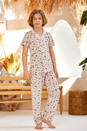 Ocean Themed Front Button Boys Kids Pajamas Beige (9-16 Years) - 281
