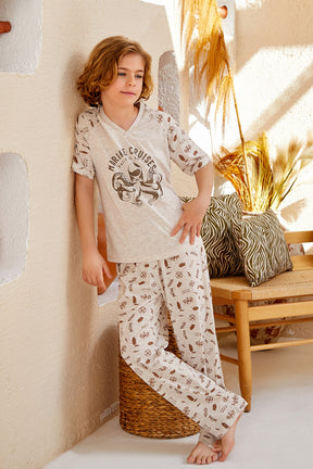 Ocean Themed Boys Kids Pajamas Beige (9-16 Years) - 283