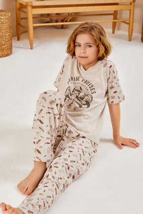 Ocean Themed Boys Kids Pajamas Beige (9-16 Years) - 283