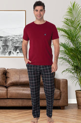 Plaid Men's Pajamas Claret Red - 2906