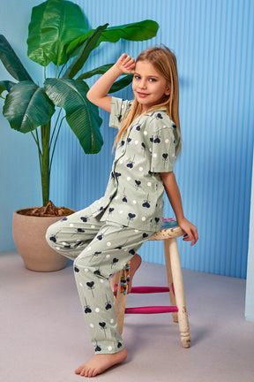 Heart Themed Front Button Girls Kids Pajamas Green (2-8 Years) - 300