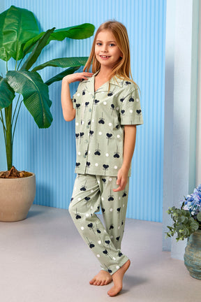 Heart Themed Front Button Girls Kids Pajamas Green (8-13 Years) - 309