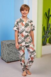 Brush Mark Themed Front Button Boys Kids Pajamas Green (2-8 Years) - 302