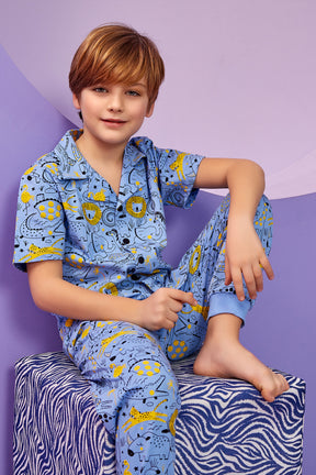 Animals Themed Front Button Boys Kids Pajamas Blue (2-8 Years) - 304