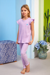 Ribbed Themed Girls Kids Pajamas Lilac (2-8 Years) - 306