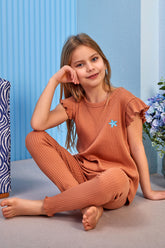 Ribbed Themed Girls Kids Pajamas Coffee (2-8 Years) - 306
