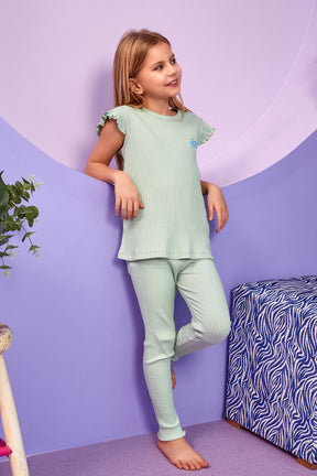Ribbed Themed Girls Kids Pajamas Mint (2-8 Years) - 306