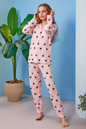 Heart Themed Front Button Long Sleeve Girls Kids Pajamas Pink (8-13 Years) - 310