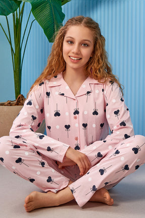 Heart Themed Front Button Long Sleeve Girls Kids Pajamas Pink (8-13 Years) - 310