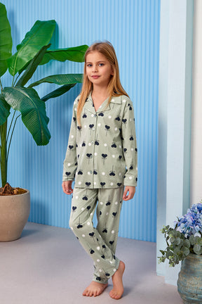 Heart Themed Front Button Long Sleeve Girls Kids Pajamas Green (8-13 Years) - 310