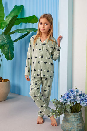 Heart Themed Front Button Long Sleeve Girls Kids Pajamas Green (8-13 Years) - 310