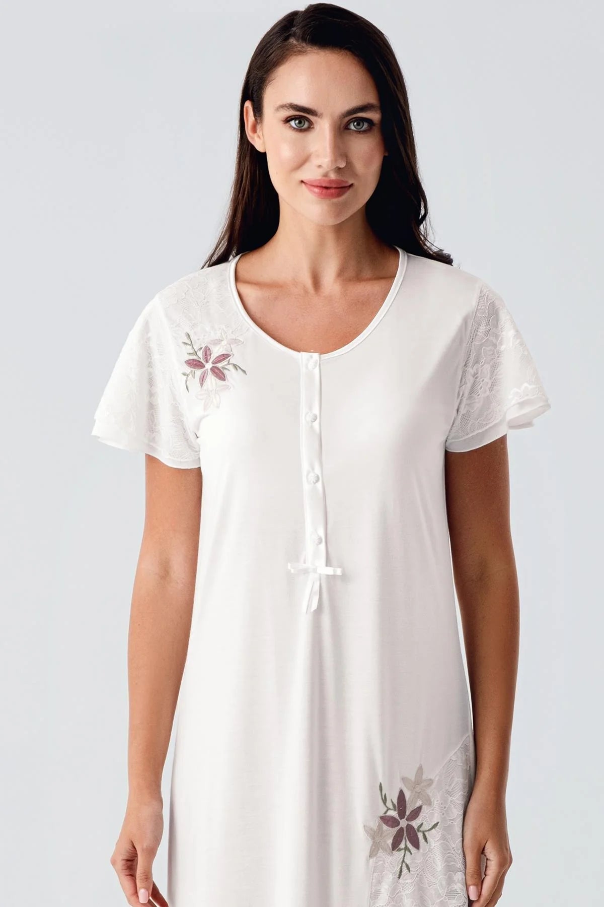 Embroidered Maternity & Nursing Nightgown Ecru - 3108