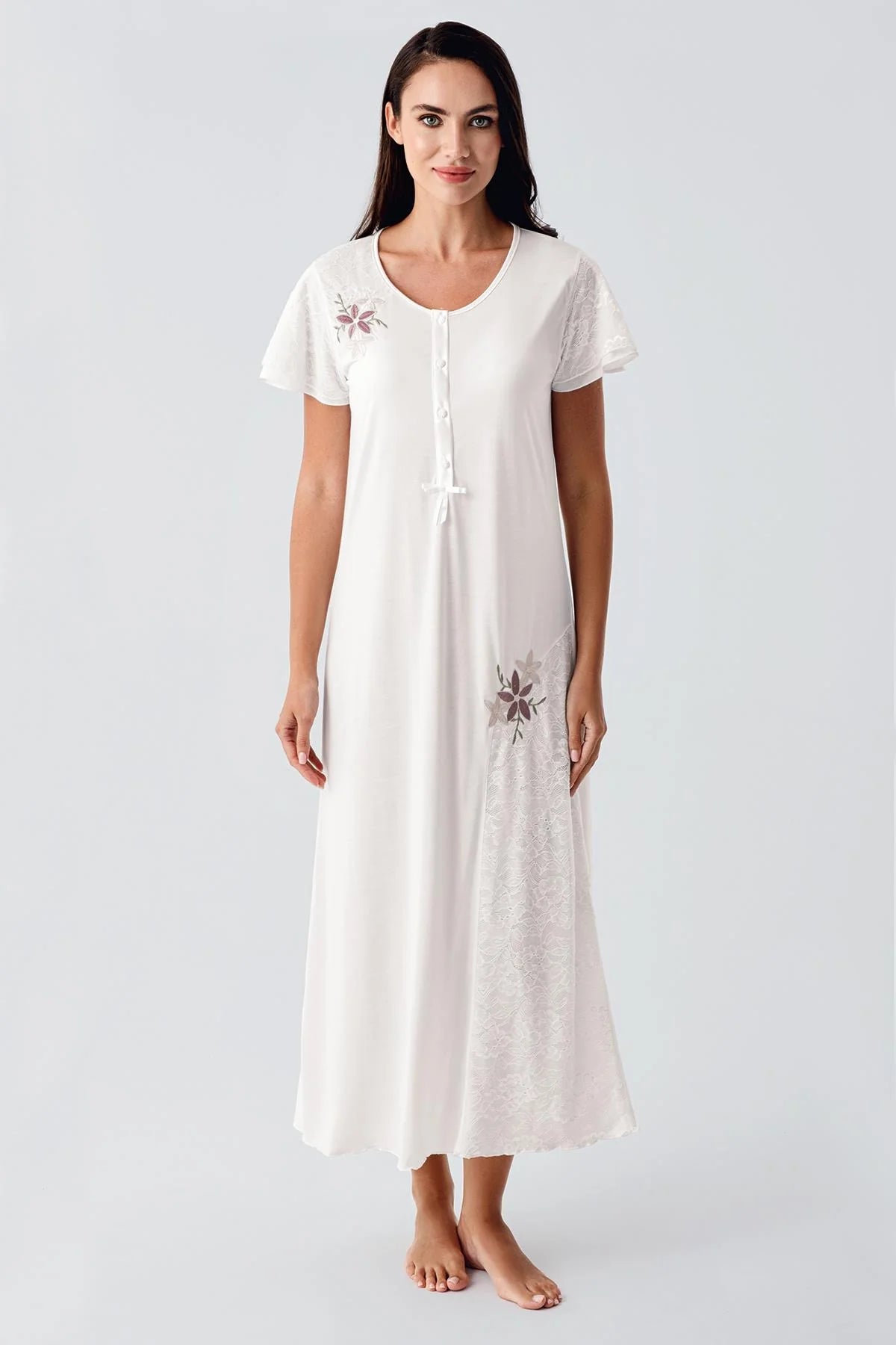 Embroidered Maternity & Nursing Nightgown Ecru - 3108