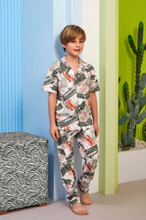 Brush Mark Themed Front Button Boys Kids Pajamas Green (8-13 Years) - 314