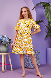 Flower Themed Girls Kids Dress Mustard (8-13 Years) - 315