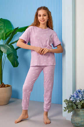 Ribbed Flowery Themed Girls Kids Pajamas Lilac (8-13 Years) - 316