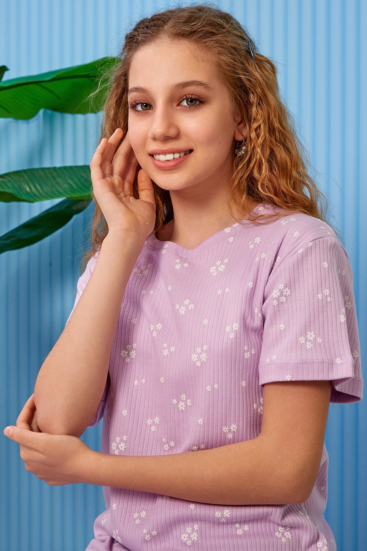 Ribbed Flowery Themed Girls Kids Pajamas Lilac (8-13 Years) - 316