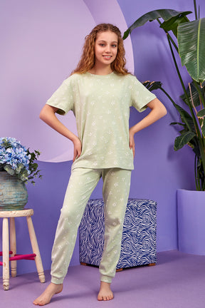 Ribbed Flowery Themed Girls Kids Pajamas Green (8-13 Years) - 316