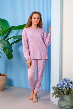 Ribbed Flowery Themed Long Sleeve Girls Kids Pajamas Lilac (8-13 Years) - 317
