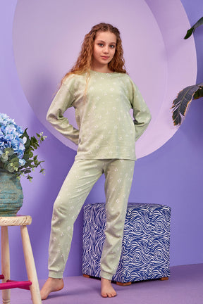 Ribbed Flowery Themed Long Sleeve Girls Kids Pajamas Green (8-13 Years) - 317