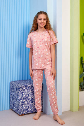 Flower Ribbed Themed Girls Kids Pajamas Pink (8-13 Years) - 318