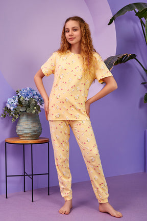 Flower Ribbed Themed Girls Kids Pajamas Yellow (8-13 Years) - 318