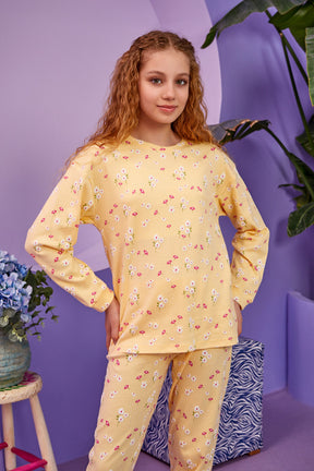 Flower Ribbed Themed Long Sleeve Girls Kids Pajamas Yellow (8-13 Years) - 319