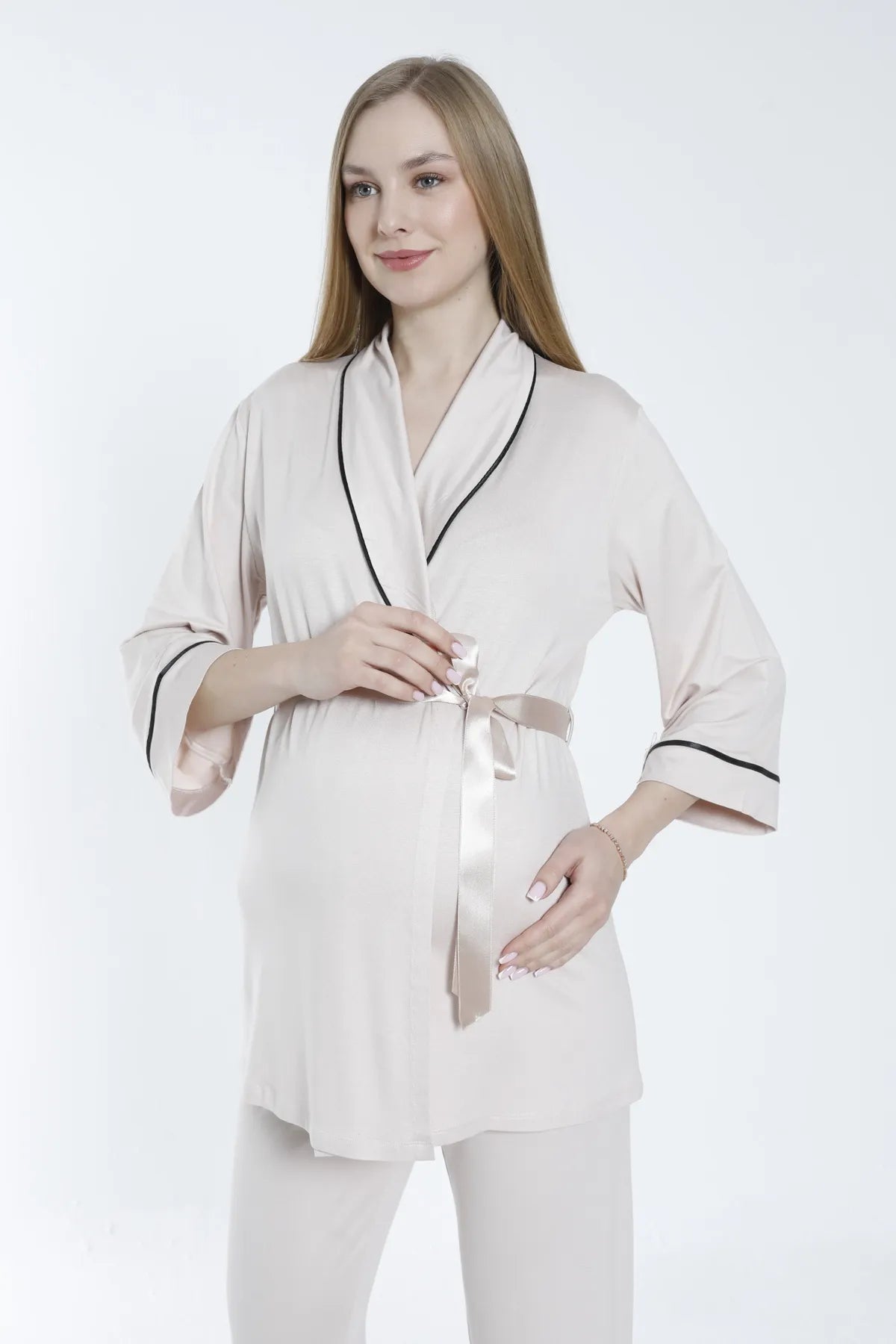 Front Tie Maternity & Nursing Pajamas Beige - 3242