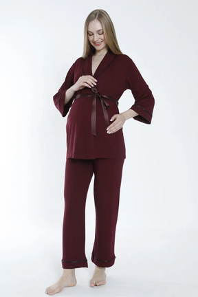 Front Tie Maternity & Nursing Pajamas Claret Red - 3242