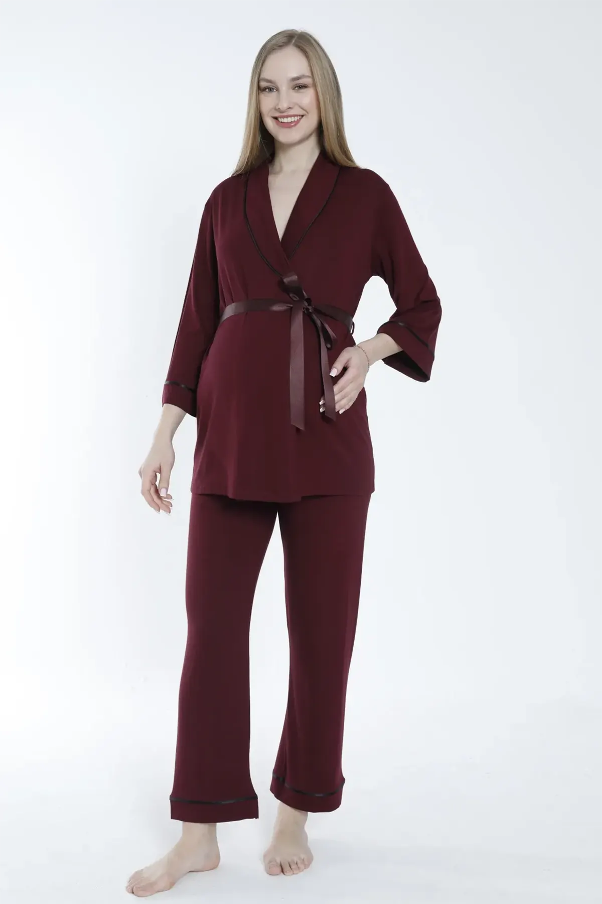 Front Tie Maternity & Nursing Pajamas Claret Red - 3242