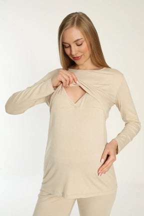 Easy Breastfeeding Maternity & Nursing Pajamas Beige - 3244