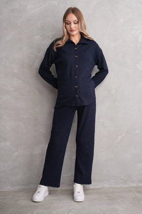 Ribbed Maternity & Nursing Pajamas Navy Blue - 3246