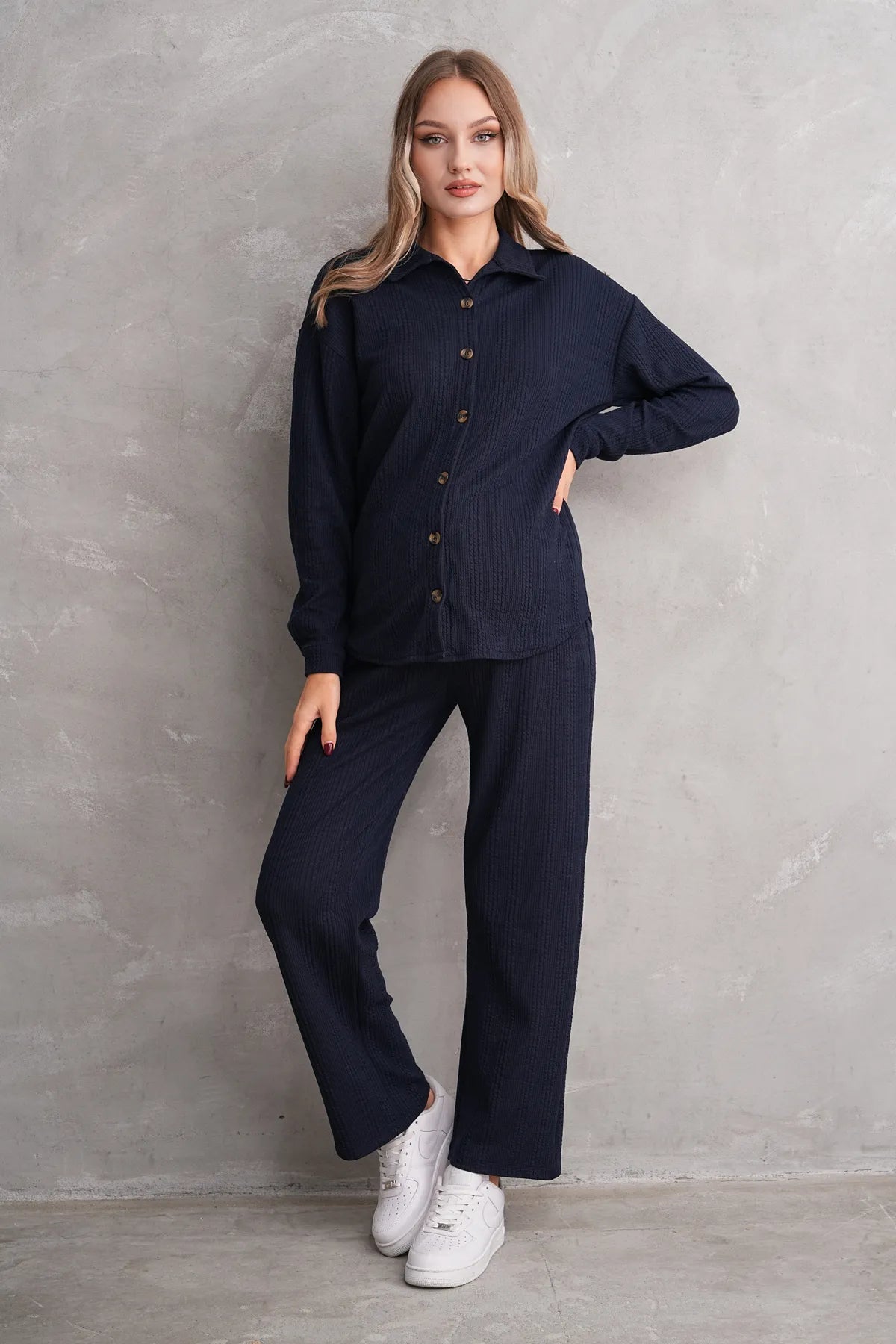 Ribbed Maternity & Nursing Pajamas Navy Blue - 3246