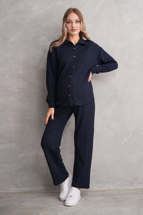 Ribbed Maternity & Nursing Pajamas Navy Blue - 3246