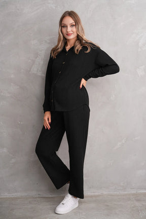 Ribbed Maternity & Nursing Pajamas Black - 3246