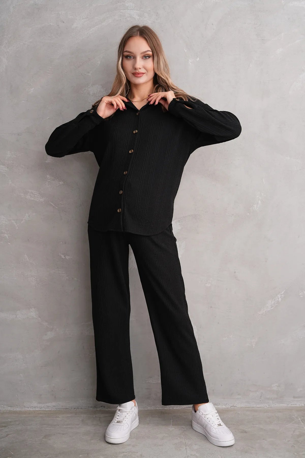 Ribbed Maternity & Nursing Pajamas Black - 3246