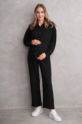 Ribbed Maternity & Nursing Pajamas Black - 3246