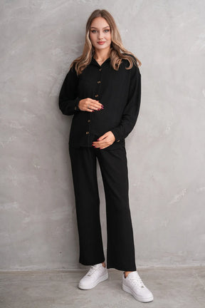 Ribbed Maternity & Nursing Pajamas Black - 3246