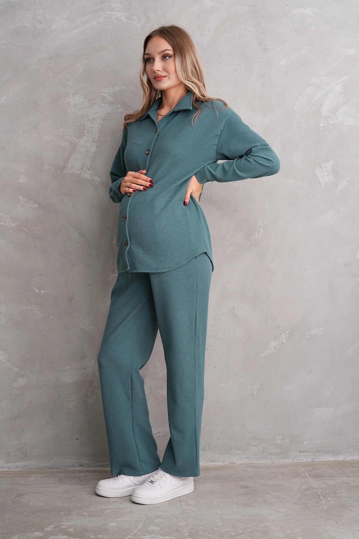 Ribbed Maternity & Nursing Pajamas Green - 3246