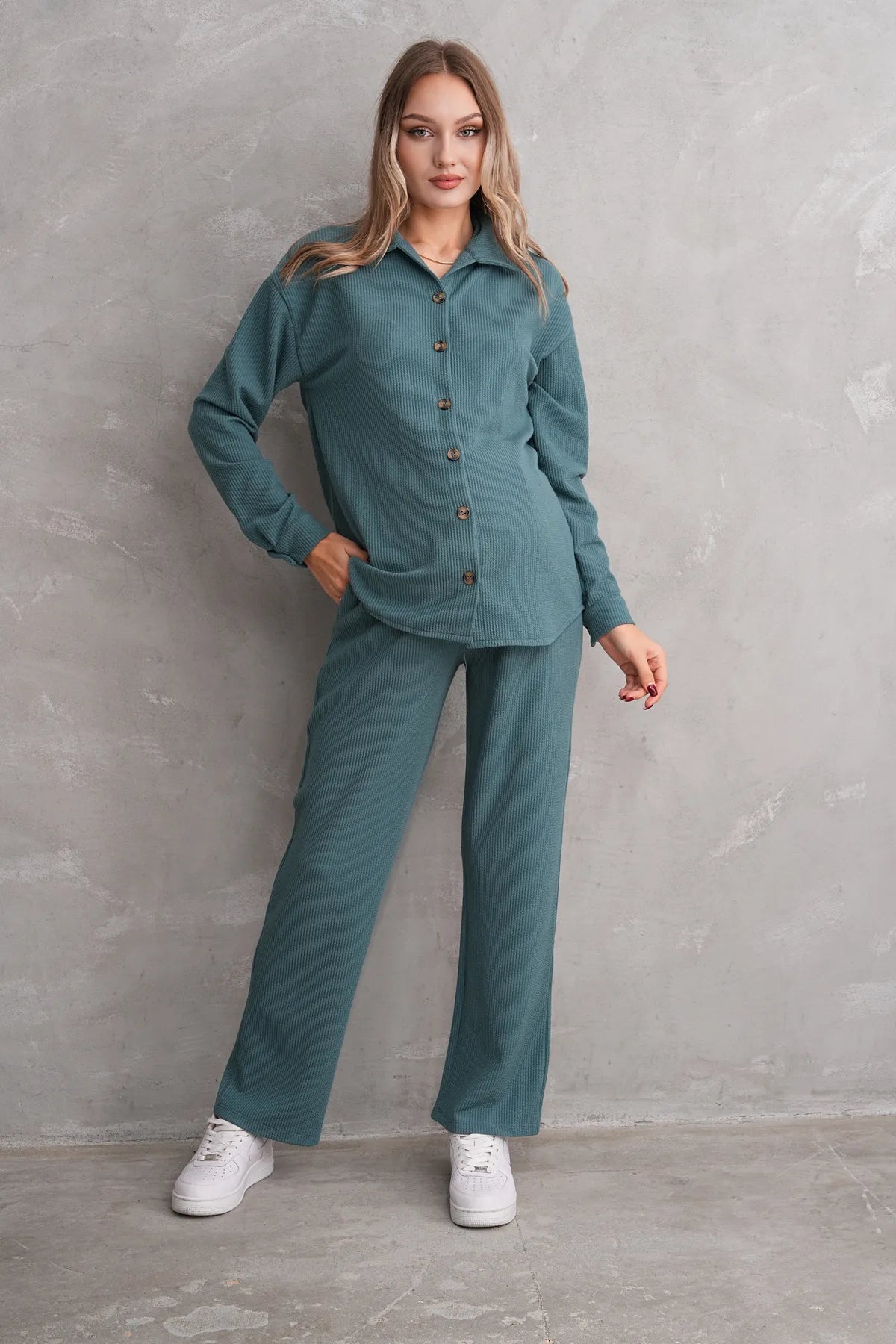 Ribbed Maternity & Nursing Pajamas Green - 3246