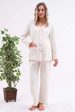 Ribbed Stripe Maternity & Nursing Pajamas Ecru - 3250